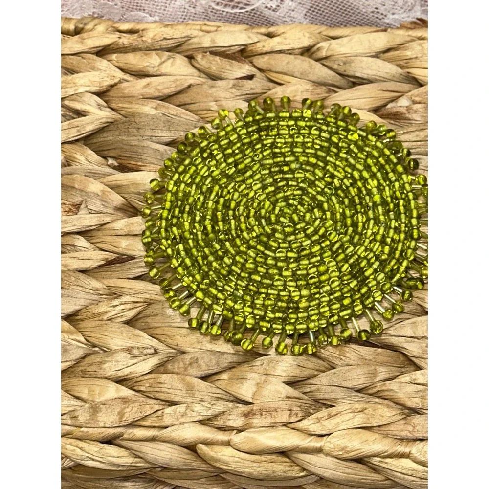 Pier 1 inspired set of 6 Olive Green Beaded Coasters Round‎ Handmade  Boho Chic